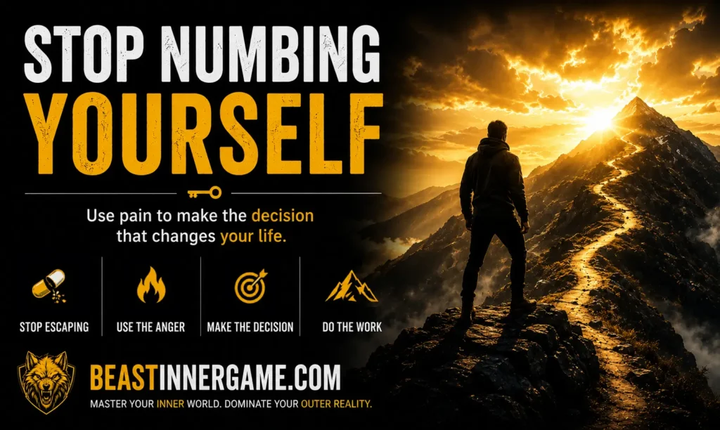 Stop numbing yourself - motivational illustration about using pain and anger to transform your life.
