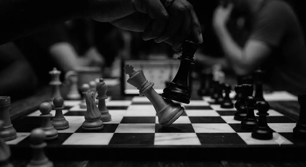 Black chess piece delivering checkmate on a minimalist chessboard, symbolizing strategic thinking, focus, and decisive execution.